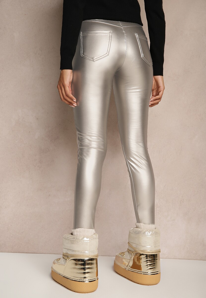 Srebrne Spodnie z Ekoskóry Skinny High Waist Ocieplane Polarową Wyściółką Lavimi 3