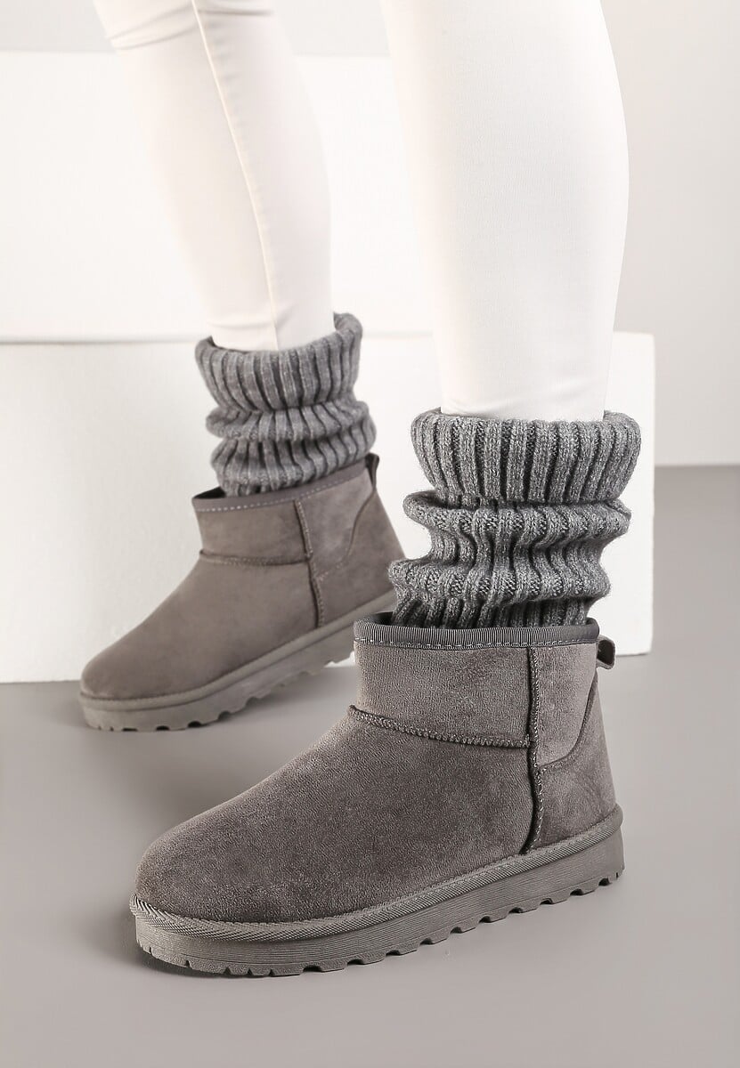 Szare Casualowe Ocieplane Śniegowce na Płaskiej Podeszwie Emelunetta 3