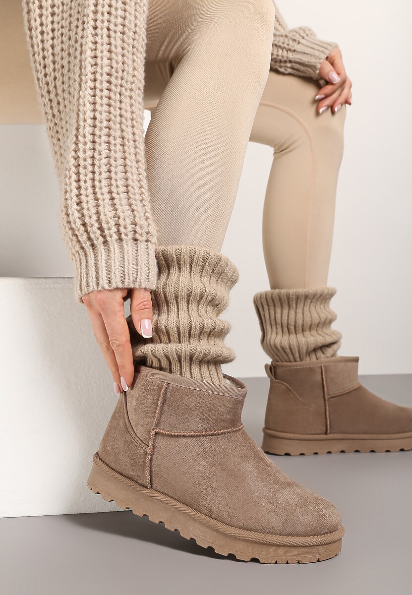 Ciemnobeżowe Casualowe Ocieplane Śniegowce na Płaskiej Podeszwie Emelunetta 2