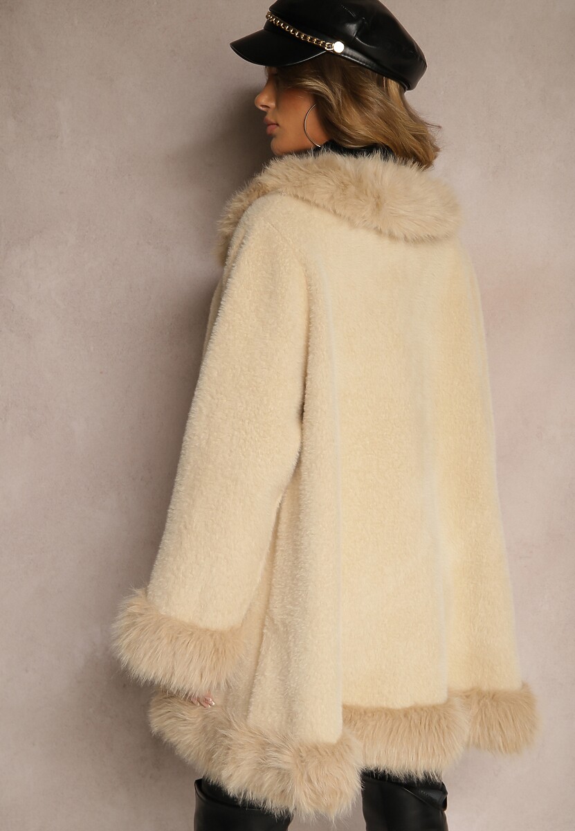 Beżowy Płaszcz Rozkloszowany z Wełną i Wiskozą z Futerkiem i Odpinanym Kołnierzem Pesalttia 3