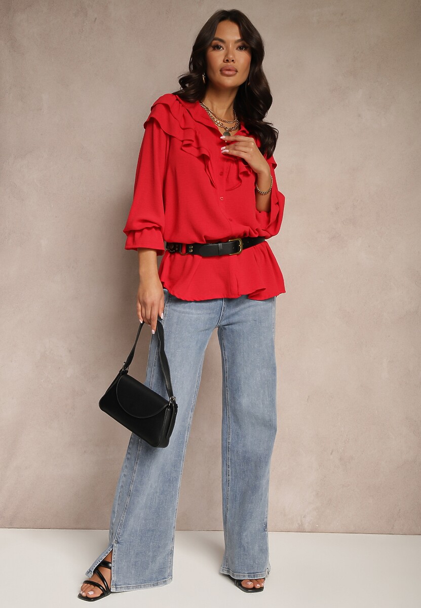 Czerwona Koszula z Falbankami na Rękawach i przy Dekolcie Celoniah 2