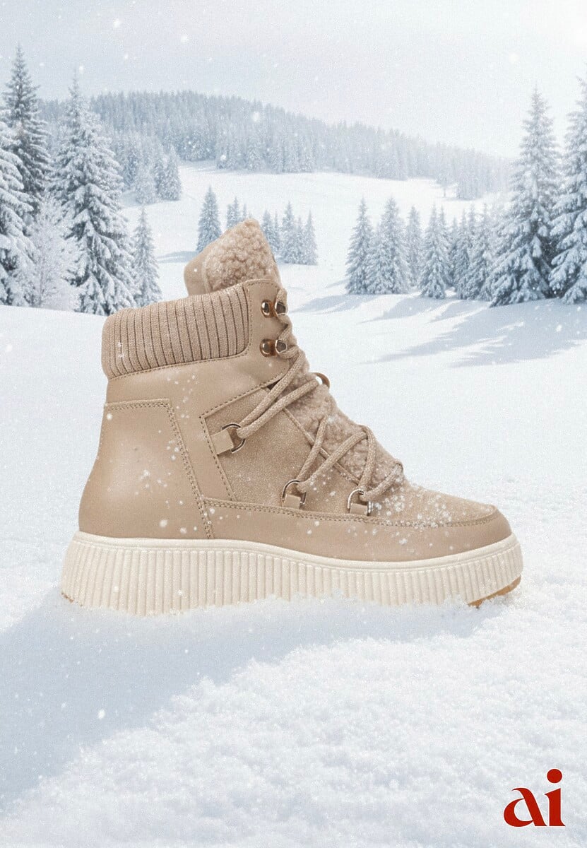 Ciemnobeżowe Śniegowce Trapery Vices na Płaskiej Podeszwie z Futerkiem w Stylu Baranka ze Sznurowaniem Temirits 1