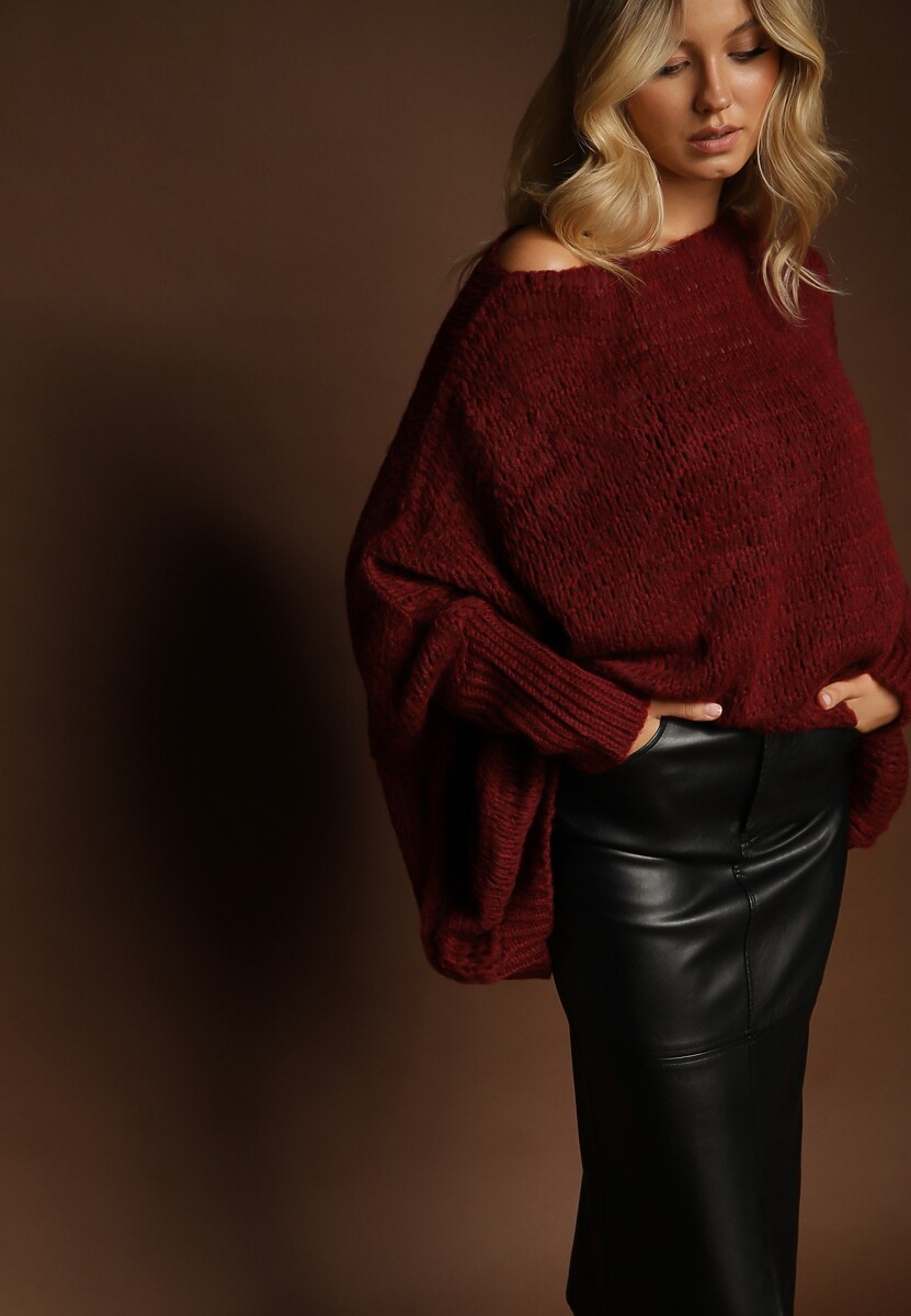 Bordowy Luźny Sweter Dzianinowy w Stylu Ponczo Nattava 1