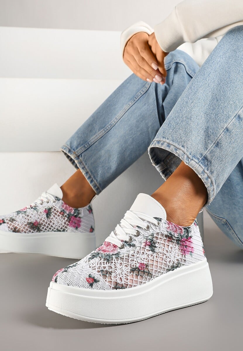 Białe Ażurowe Sneakersy Vices na Platformie w Kwiaty Halvisa 1
