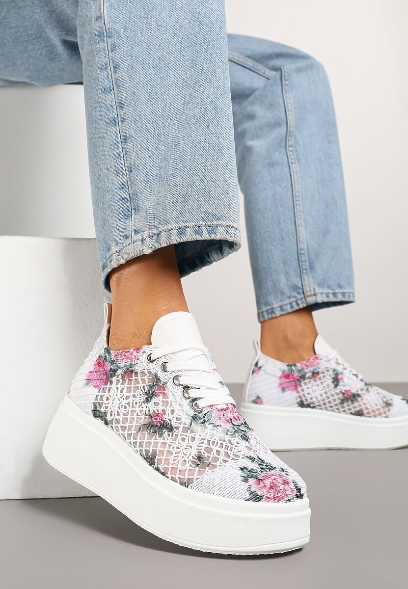 Białe Ażurowe Sneakersy Vices na Platformie w Kwiaty Halvisa 2