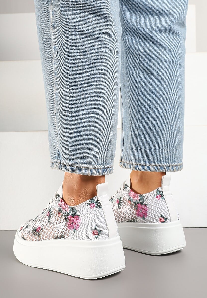 Białe Ażurowe Sneakersy Vices na Platformie w Kwiaty Halvisa 3