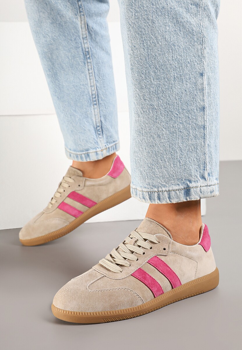 Beżowo-Różowe Płaskie Sneakersy z Wkładką ze Skóry Naturalnej Ozdobione Paskami Neladria 2