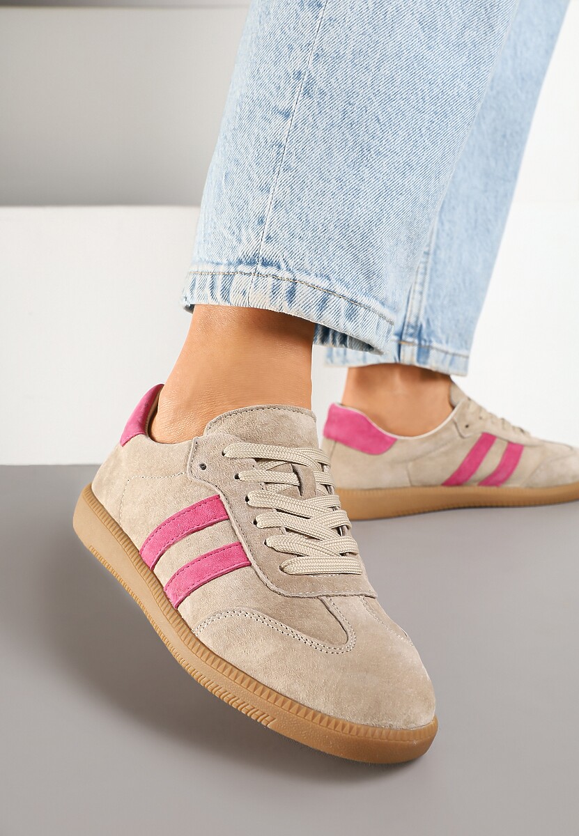 Beżowo-Różowe Płaskie Sneakersy z Wkładką ze Skóry Naturalnej Ozdobione Paskami Neladria 3