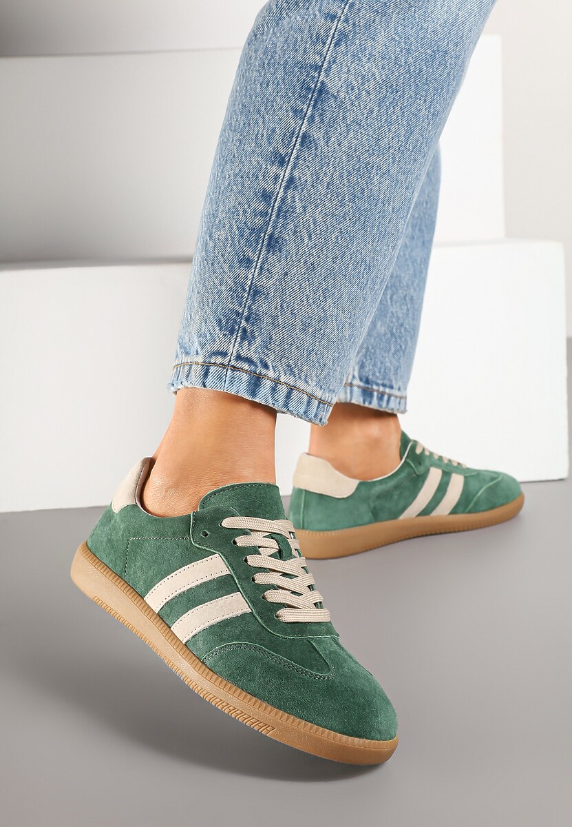 Zielone Płaskie Sneakersy z Wkładką ze Skóry Naturalnej Ozdobione Paskami Neladria 2