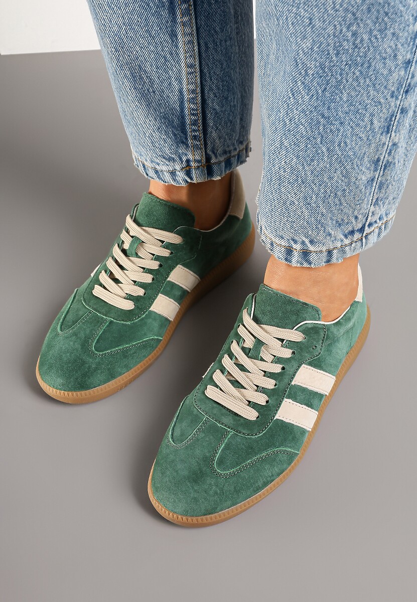 Zielone Płaskie Sneakersy z Wkładką ze Skóry Naturalnej Ozdobione Paskami Neladria 3