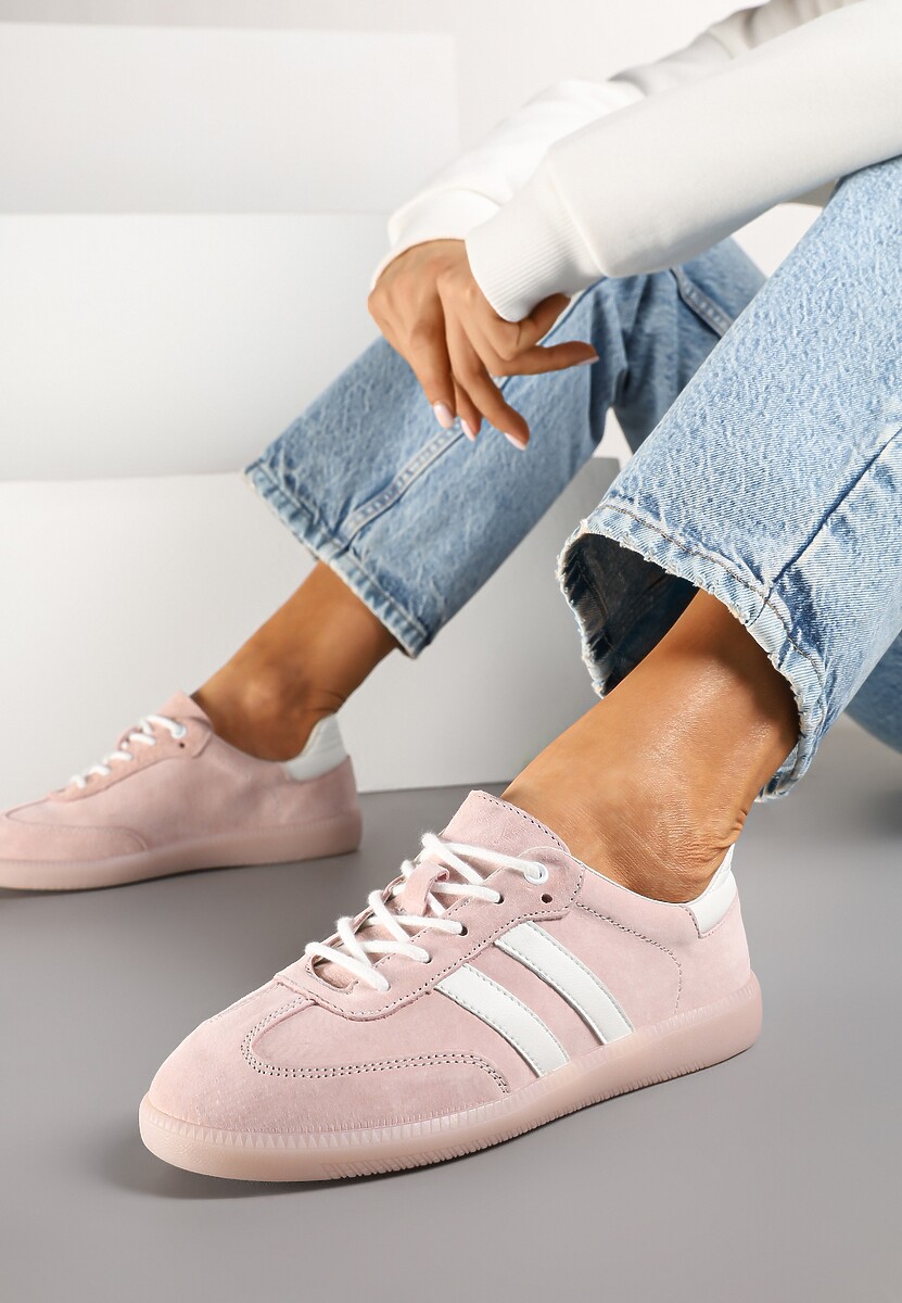 Różowe Płaskie Sneakersy ze Skóry Naturalnej z Ozdobnymi Paskami Nelarielis 1