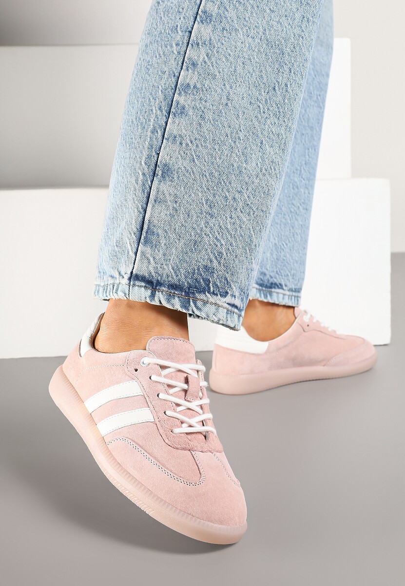 Różowe Płaskie Sneakersy ze Skóry Naturalnej z Ozdobnymi Paskami Nelarielis 2