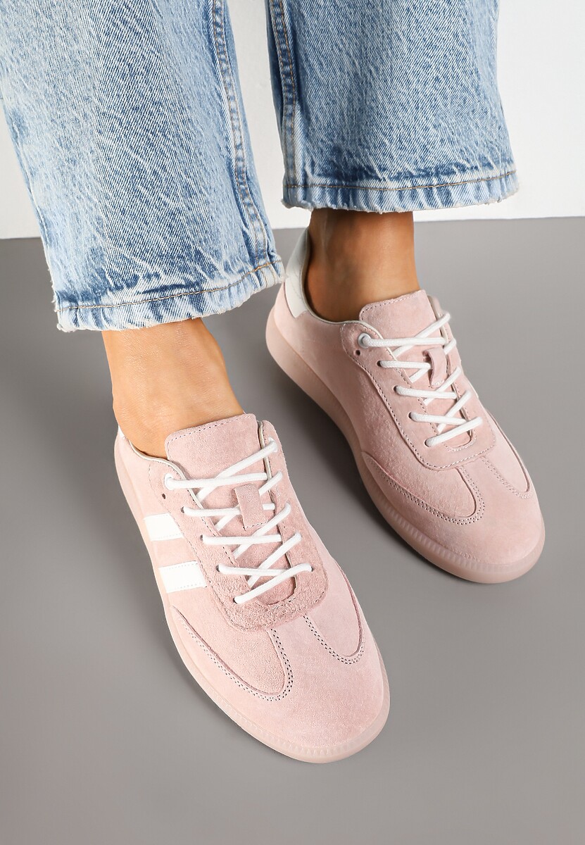 Różowe Płaskie Sneakersy ze Skóry Naturalnej z Ozdobnymi Paskami Nelarielis 3