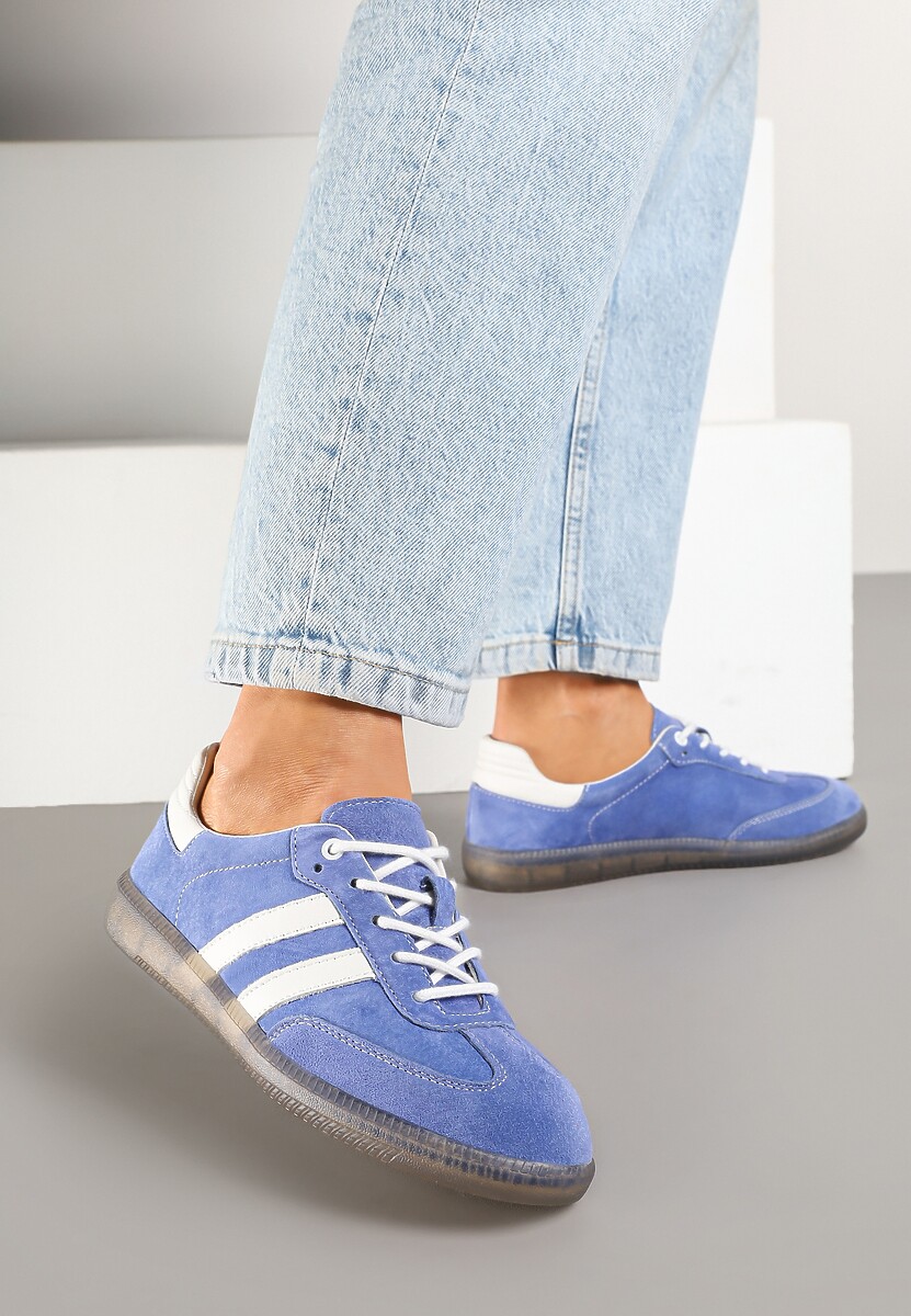 Niebieskie Płaskie Sneakersy ze Skóry Naturalnej z Ozdobnymi Paskami Nelarielis 1