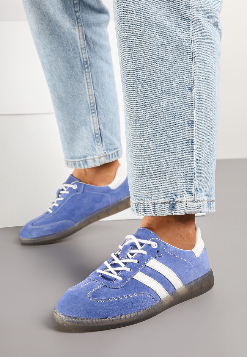 Niebieskie Płaskie Sneakersy ze Skóry Naturalnej z Ozdobnymi Paskami Nelarielis 2