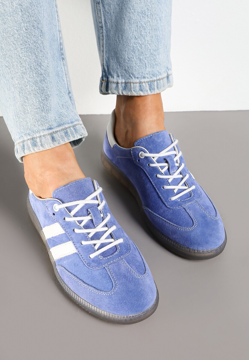 Niebieskie Płaskie Sneakersy ze Skóry Naturalnej z Ozdobnymi Paskami Nelarielis 3