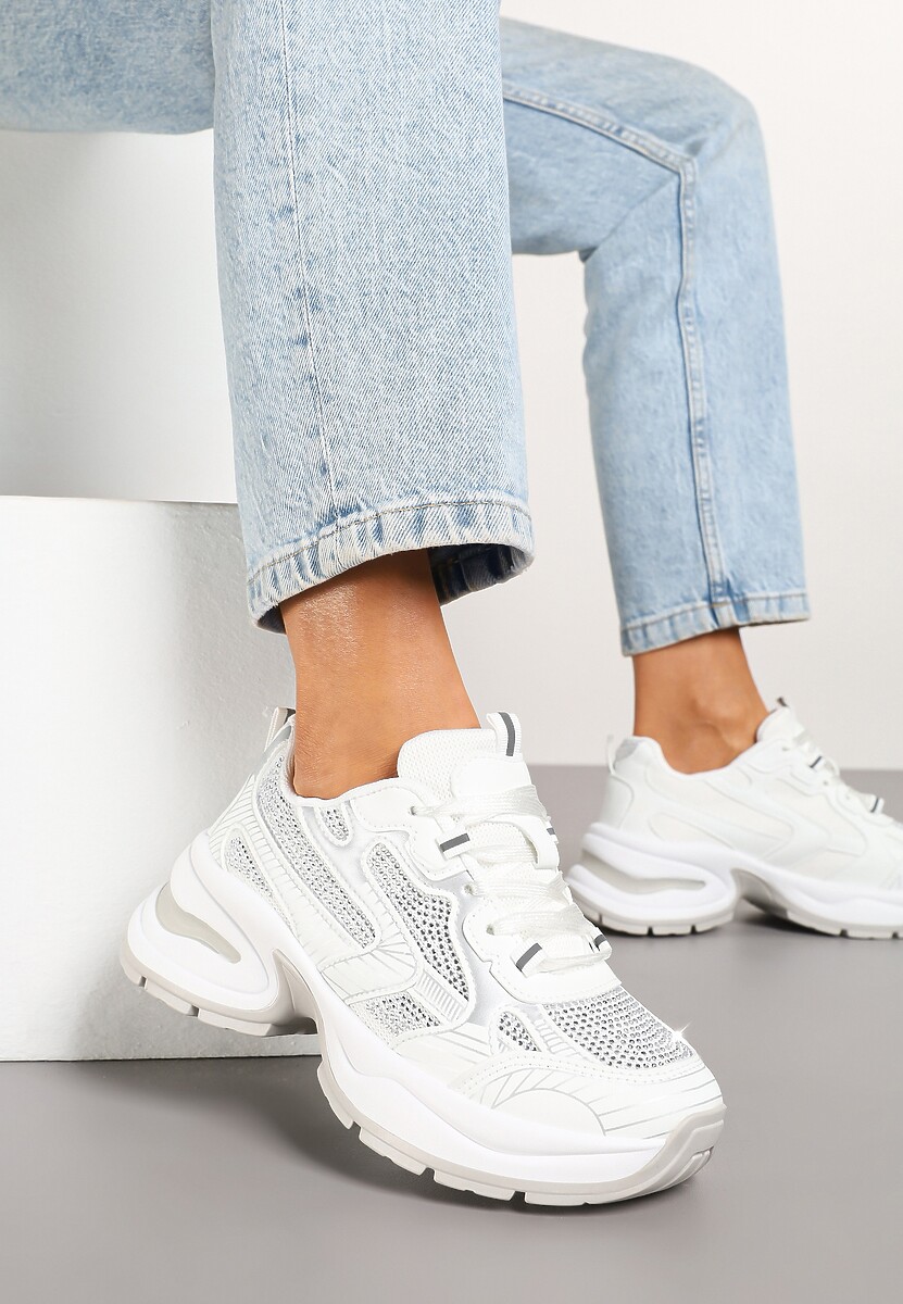 Białe Brokatowe Sneakersy w Streetwearowym Stylu na Piankowej Podeszwie Felindris 1