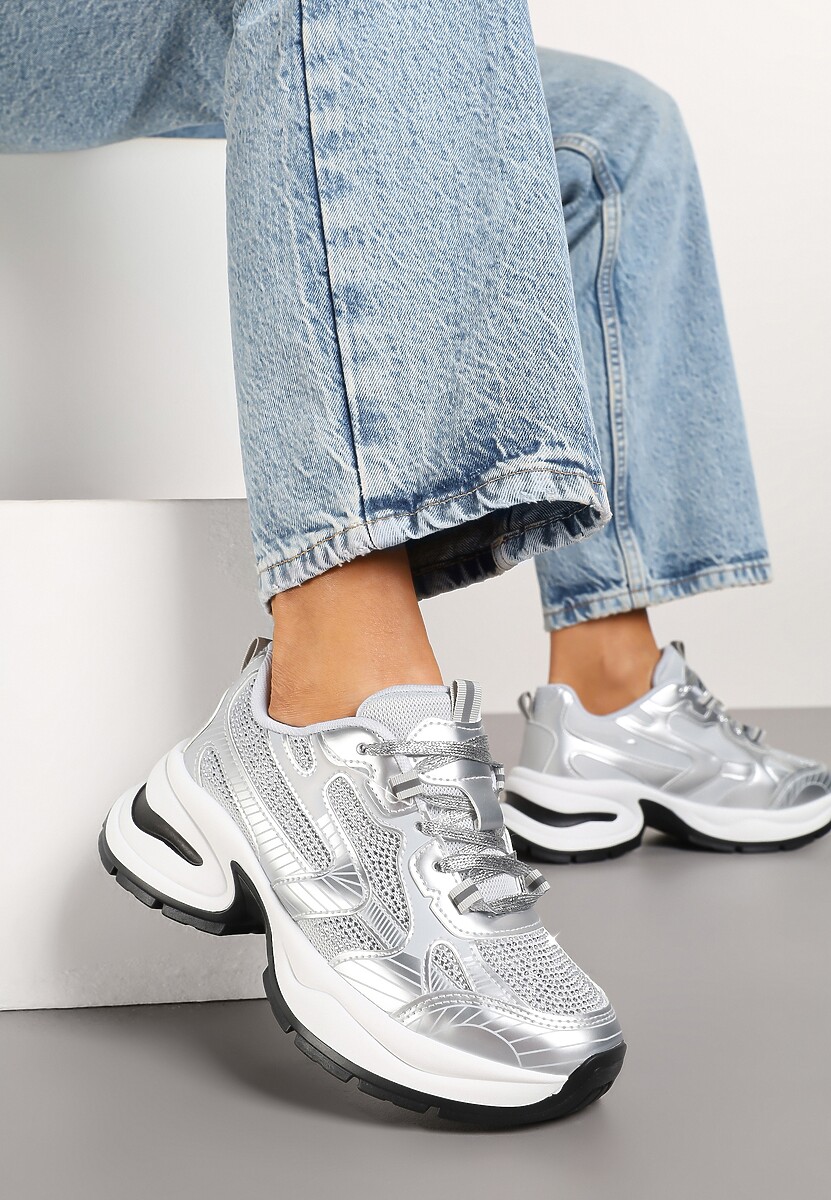 Srebrne Brokatowe Sneakersy w Streetwearowym Stylu na Piankowej Podeszwie Felindris 1