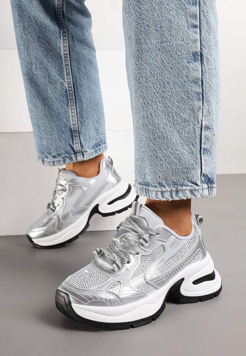 Srebrne Brokatowe Sneakersy w Streetwearowym Stylu na Piankowej Podeszwie Felindris 2