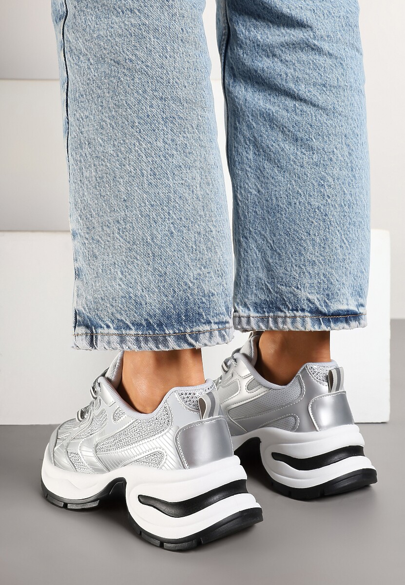 Srebrne Brokatowe Sneakersy w Streetwearowym Stylu na Piankowej Podeszwie Felindris 3