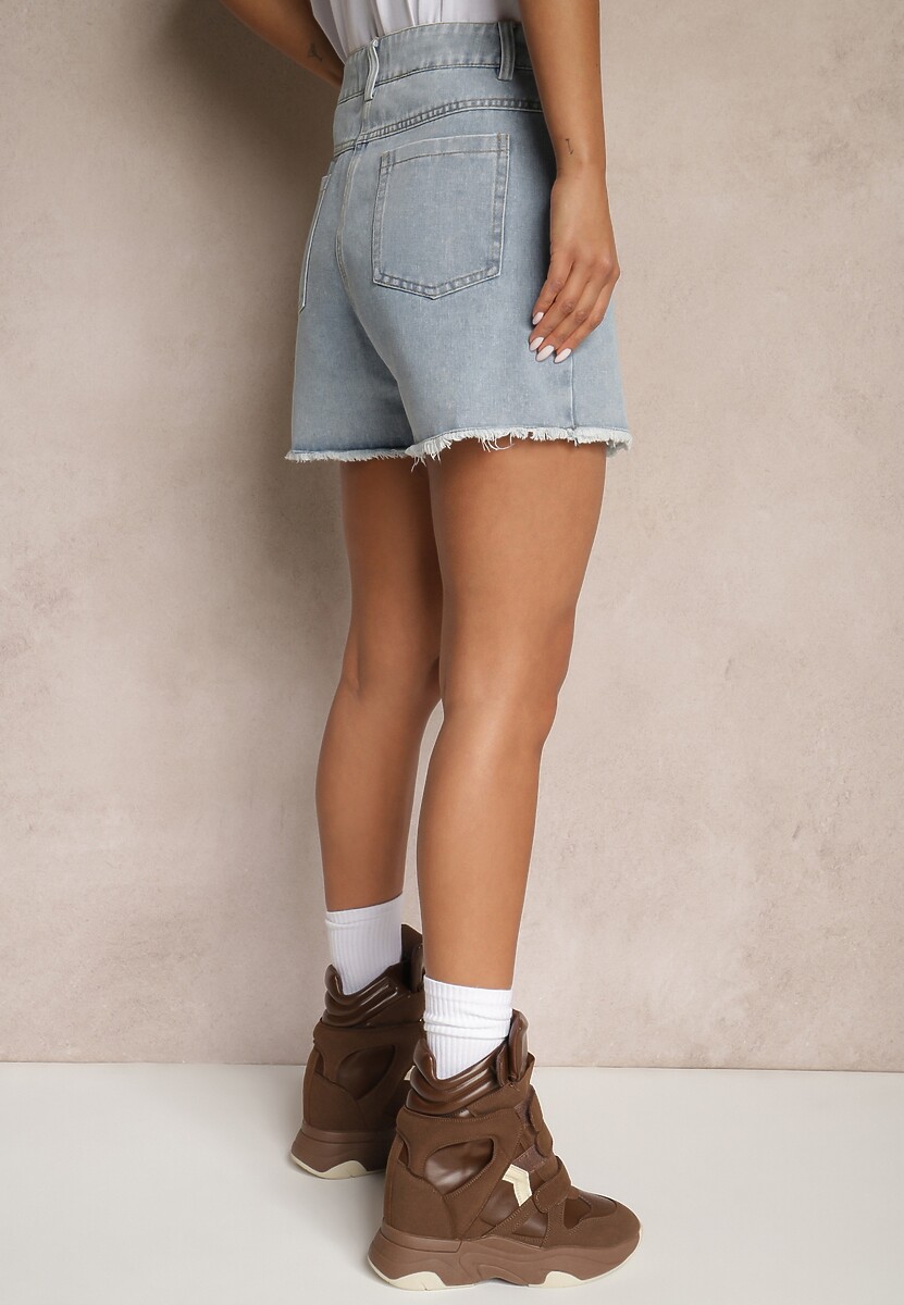 Jasnoniebieskie Bawełniane Jeansowe Spódnico-Spodenki High Waist o Asymetrycznym Kroju Alwiwi 3