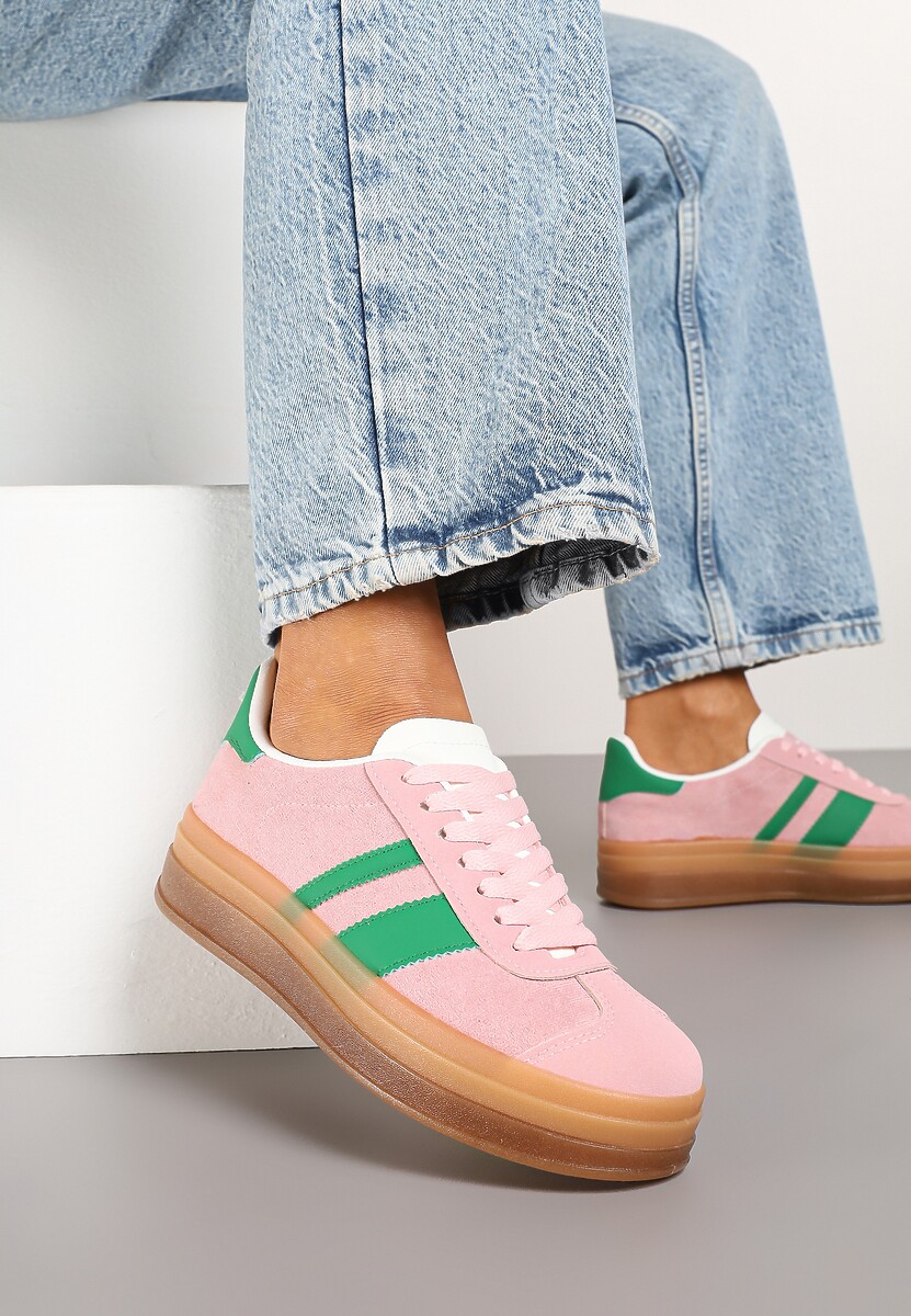 Różowo-Zielone Sneakersy na Płaskiej Podeszwie z Ozdobnymi Paskami Velali 1