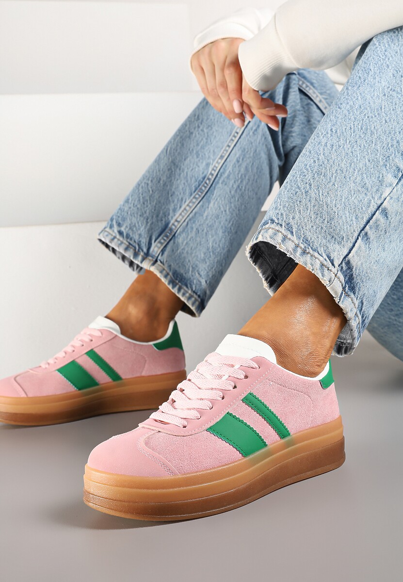 Różowo-Zielone Sneakersy na Płaskiej Podeszwie z Ozdobnymi Paskami Velali 2