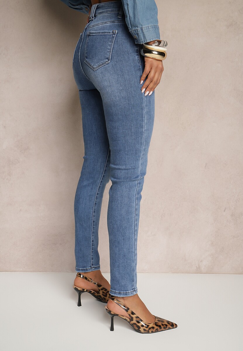 Niebieskie Jeansy Skinny z Bawełną High Waist Ozdobione Guzikami Felariel 3
