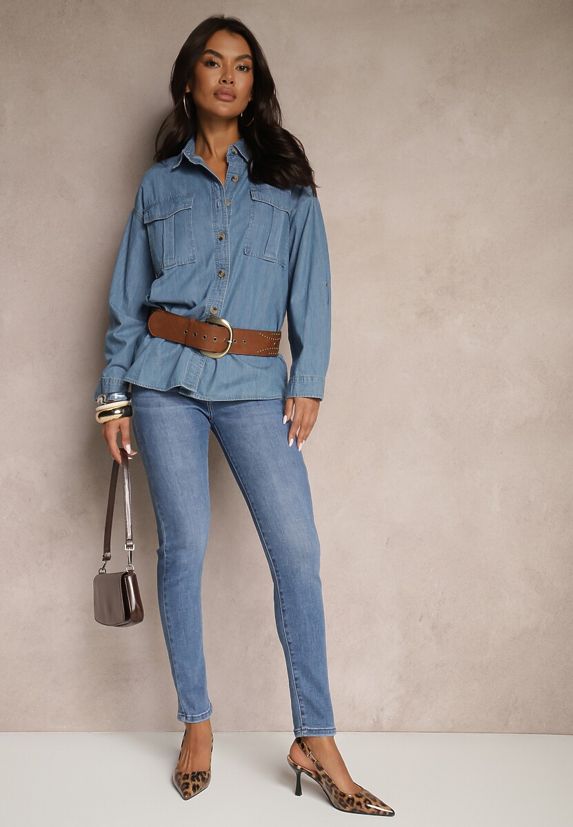 Niebieskie Jeansy Skinny z Bawełną High Waist Ozdobione Guzikami Felariel 2