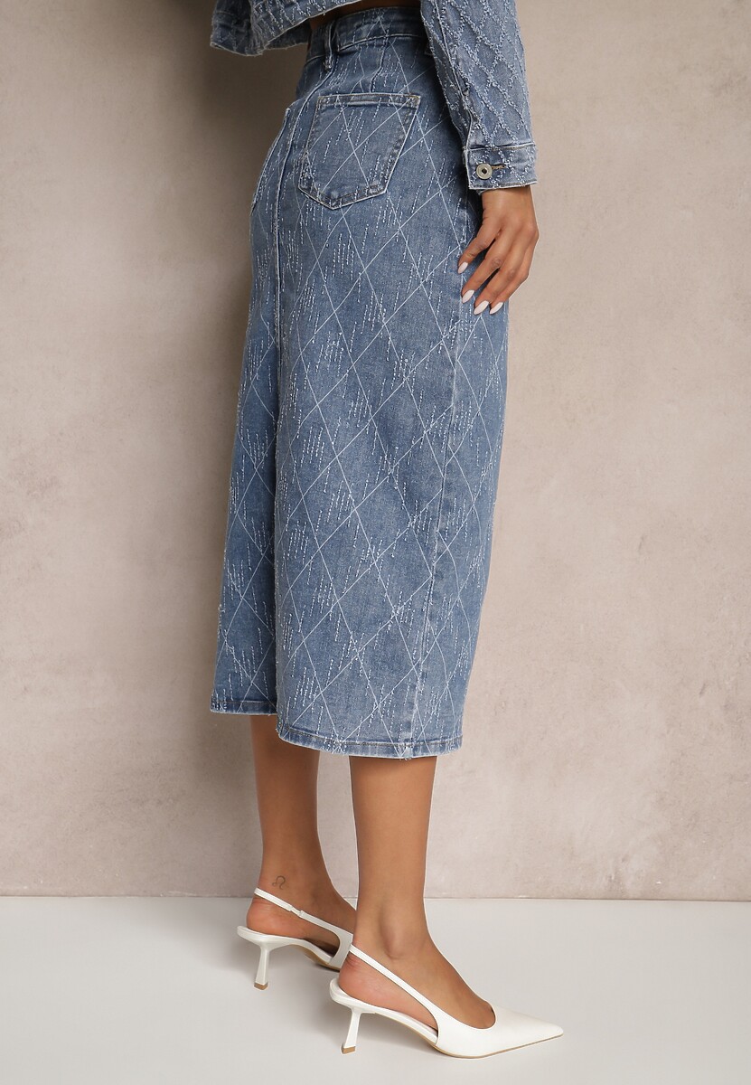 Niebieska Spódnica Jeansowa z Bawełny High Waist Ozdobiona Przetarciami Carithwen 3