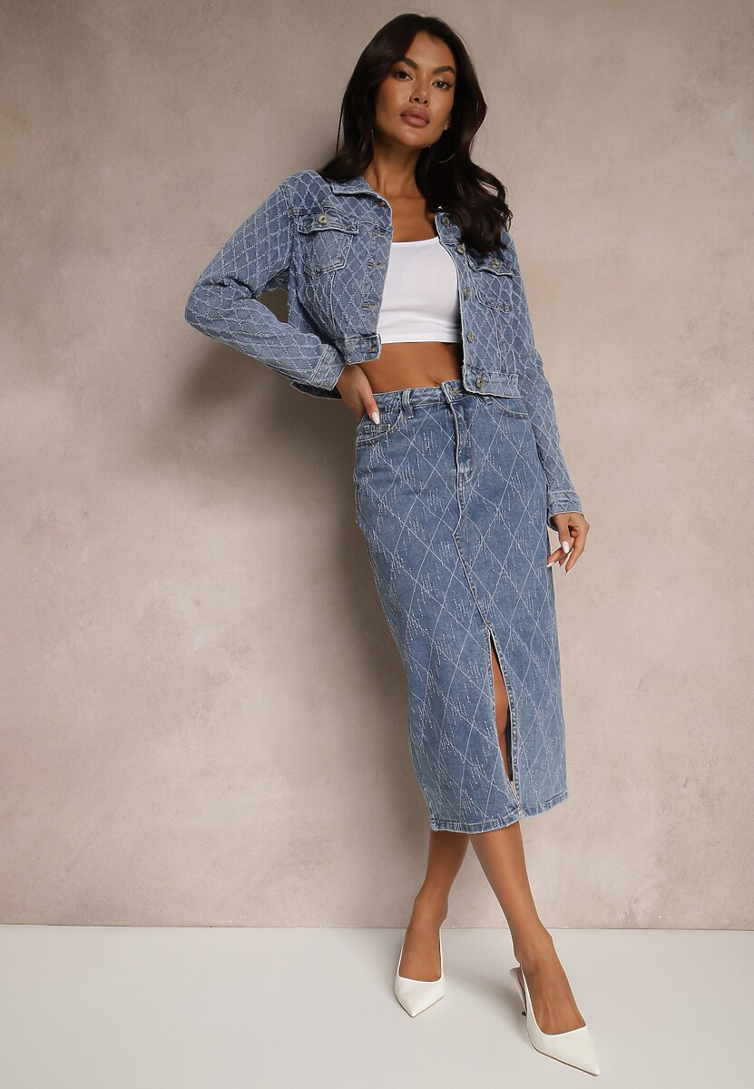 Niebieska Spódnica Jeansowa z Bawełny High Waist Ozdobiona Przetarciami Carithwen 1