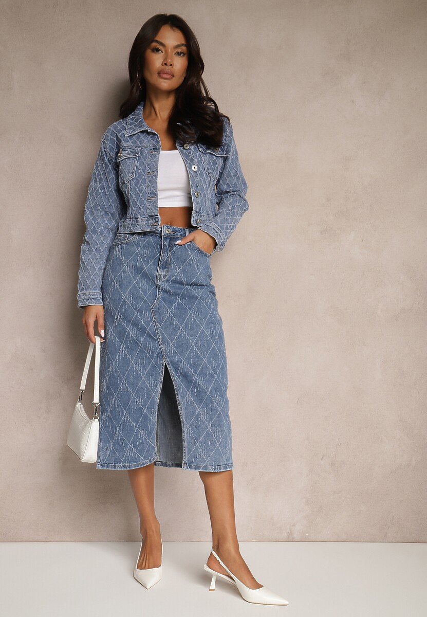 Niebieska Spódnica Jeansowa z Bawełny High Waist Ozdobiona Przetarciami Carithwen 2