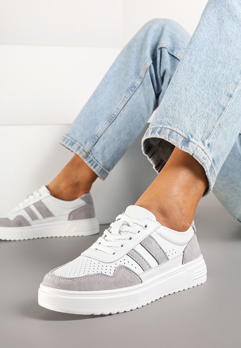 Biało-Szare Płaskie Sneakersy ze Skóry Naturalnej Ozdobione Paskami i Perforacją Floriwa 2