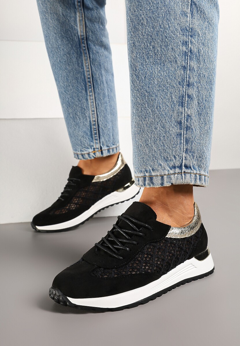 Czarne Ażurowe Sneakersy na Podeszwie z Metaliczną Wstawką Neomira 1