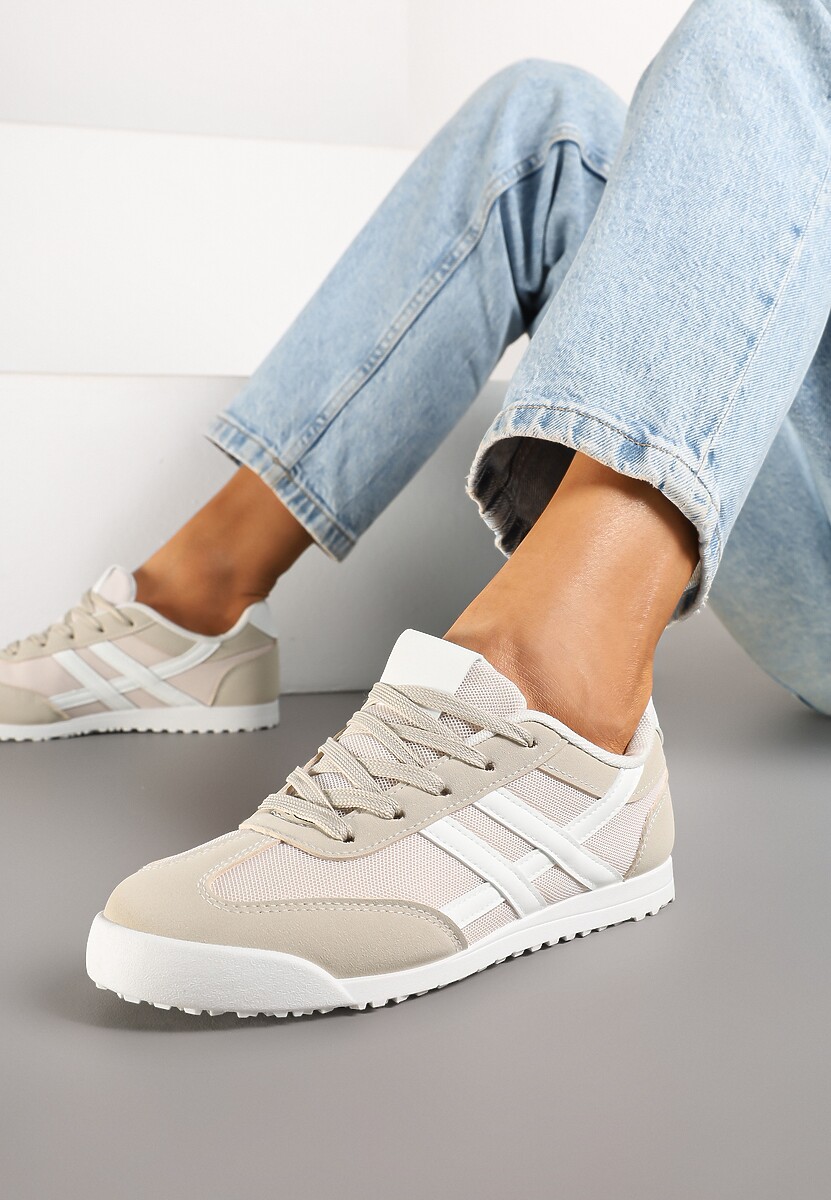 Beżowe Sneakersy na Płaskiej Podeszwie z Geometrycznym Wzorem Rivmi 1
