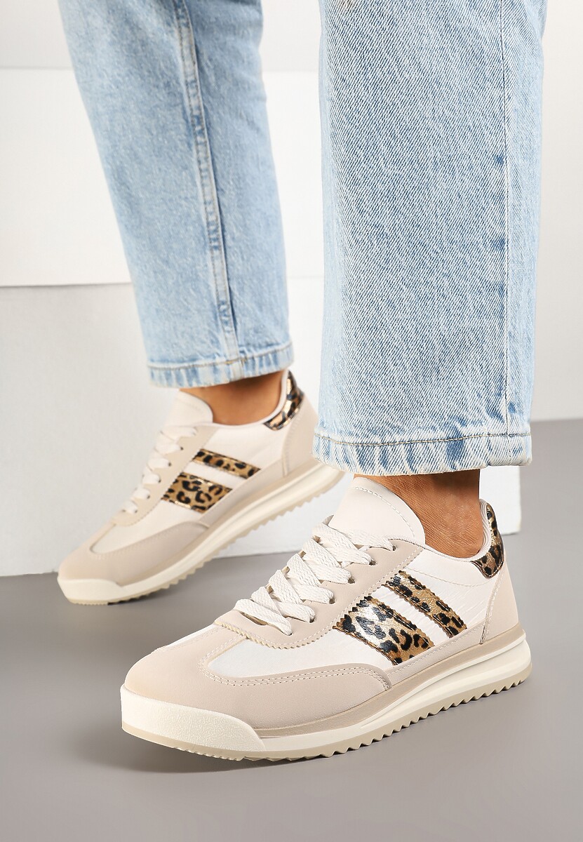 Beżowe Sneakersy w Stylu Tenisówek Ozdobione Paskami w Panterkę Lilmi 1