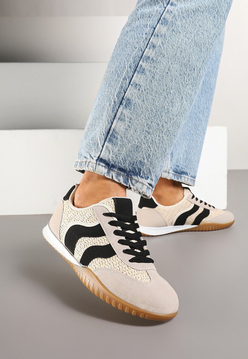 Beżowo-Czarne Sneakersy z Ozdobną Plecionką z Rafią Morloris 1