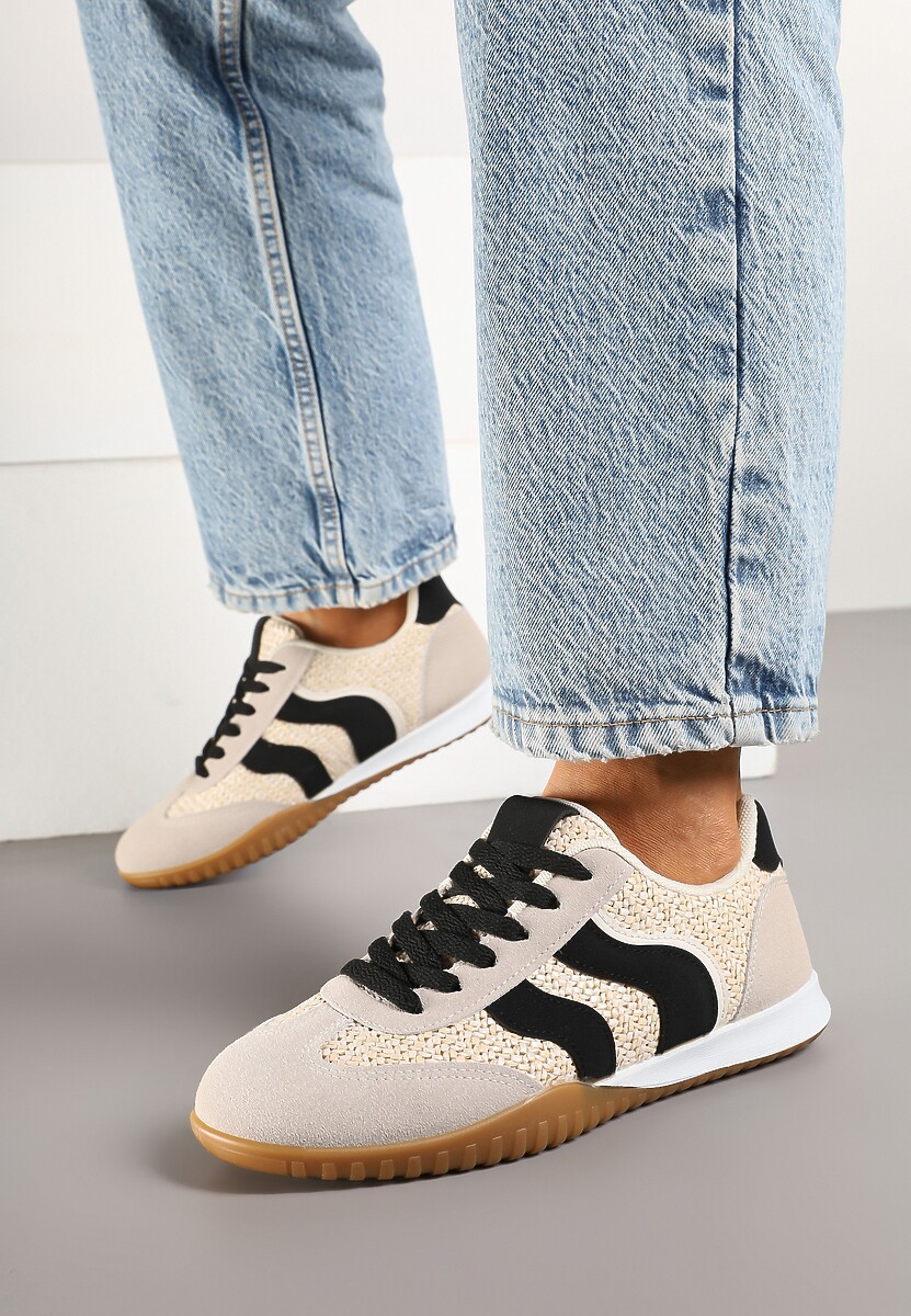 Beżowo-Czarne Sneakersy z Ozdobną Plecionką z Rafią Morloris 3