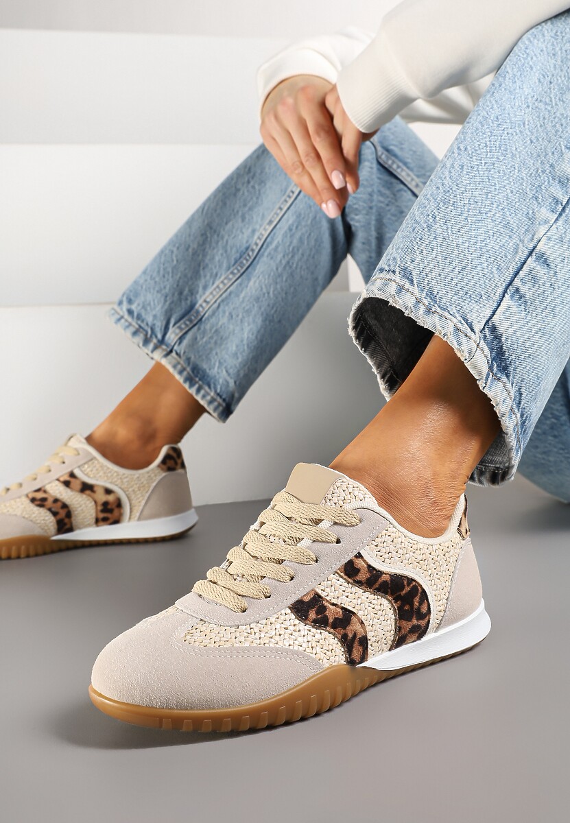 Beżowo-Brązowe Sneakersy z Ozdobną Plecionką z Rafią i Wzorem w Panterkę Morloris 2