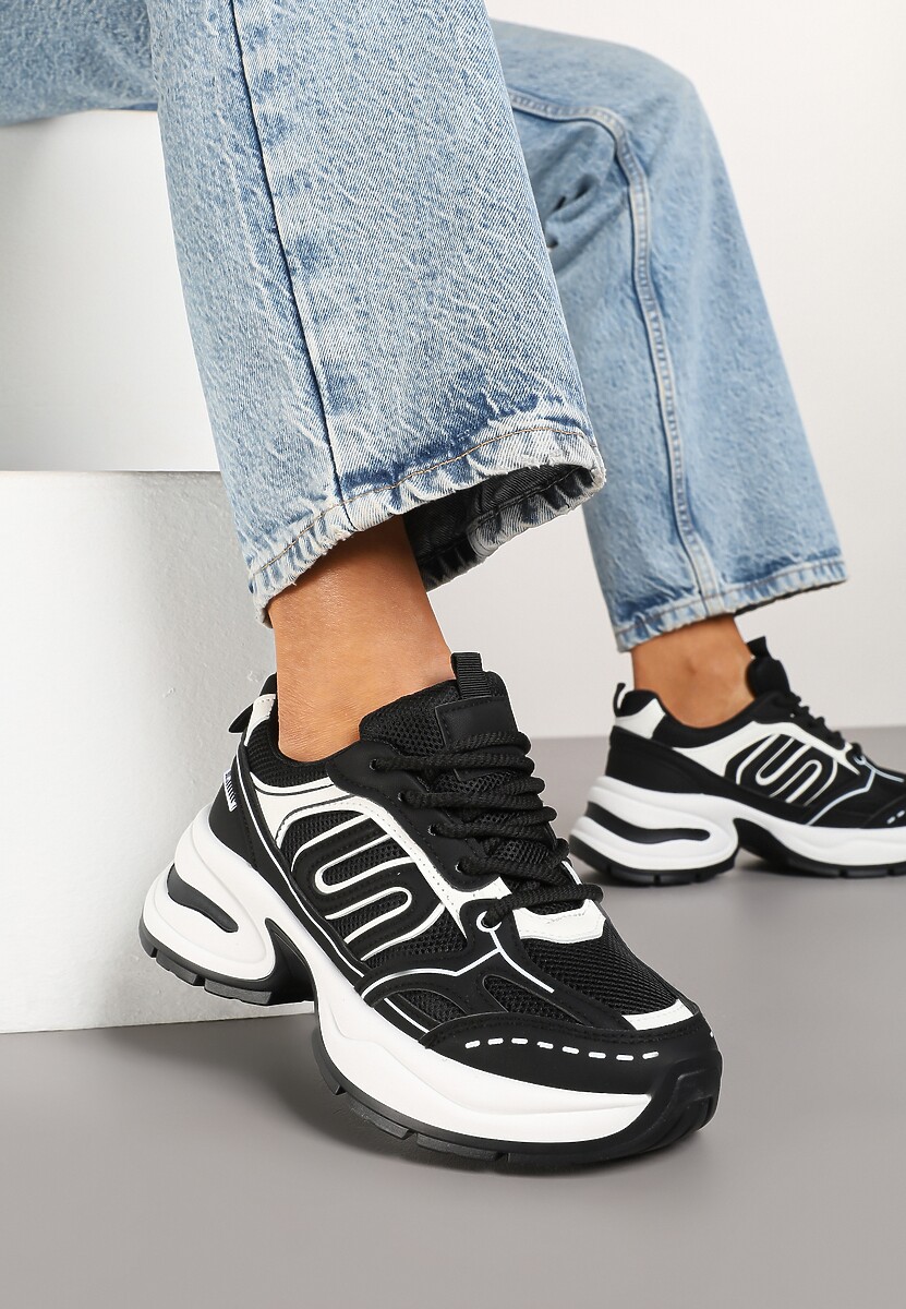 Czarne Sneakersy na Platformie Ozdobionej Tłoczeniem z Geometrycznym Motywem Arivira 2