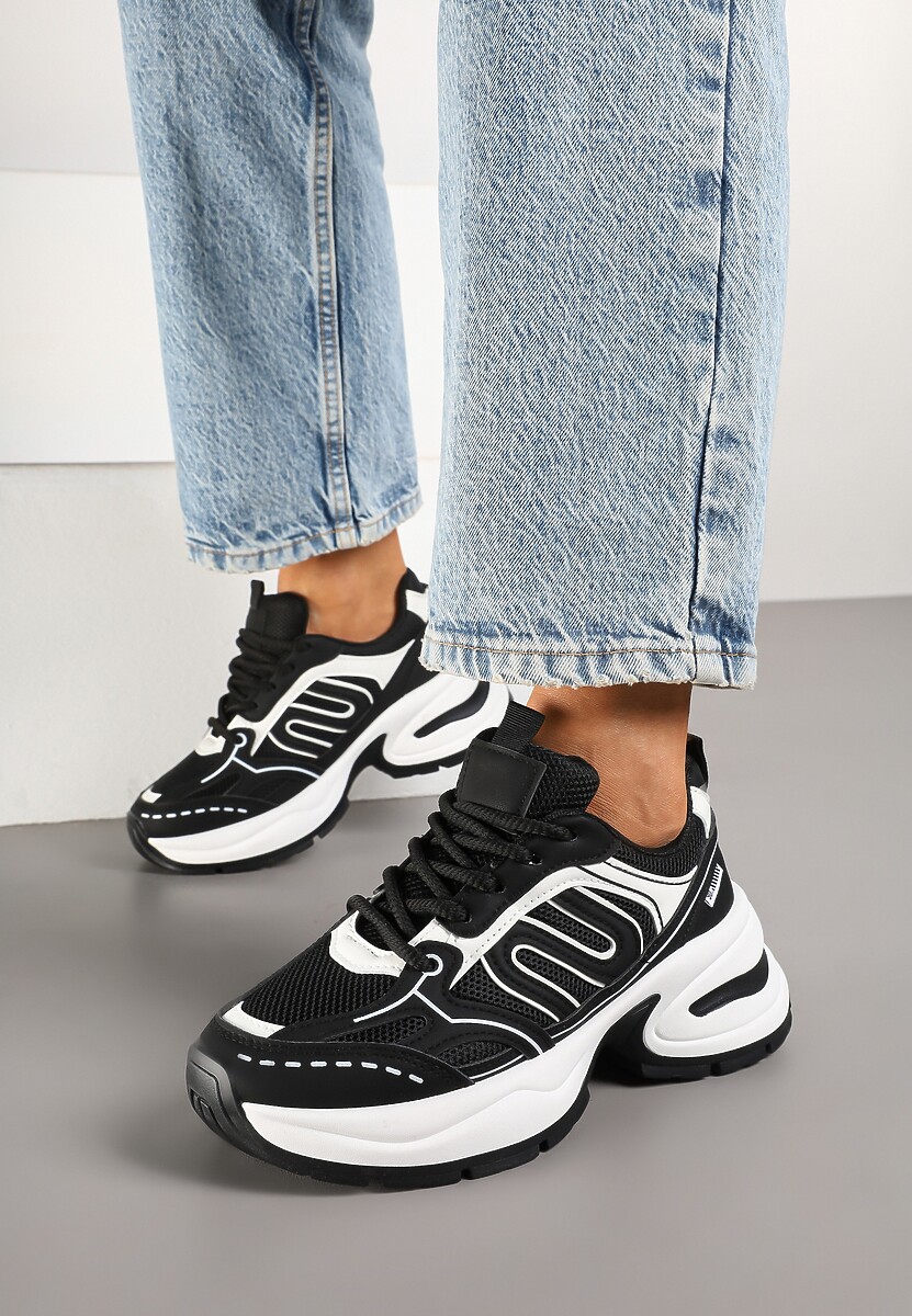 Czarne Sneakersy na Platformie Ozdobionej Tłoczeniem z Geometrycznym Motywem Arivira 3