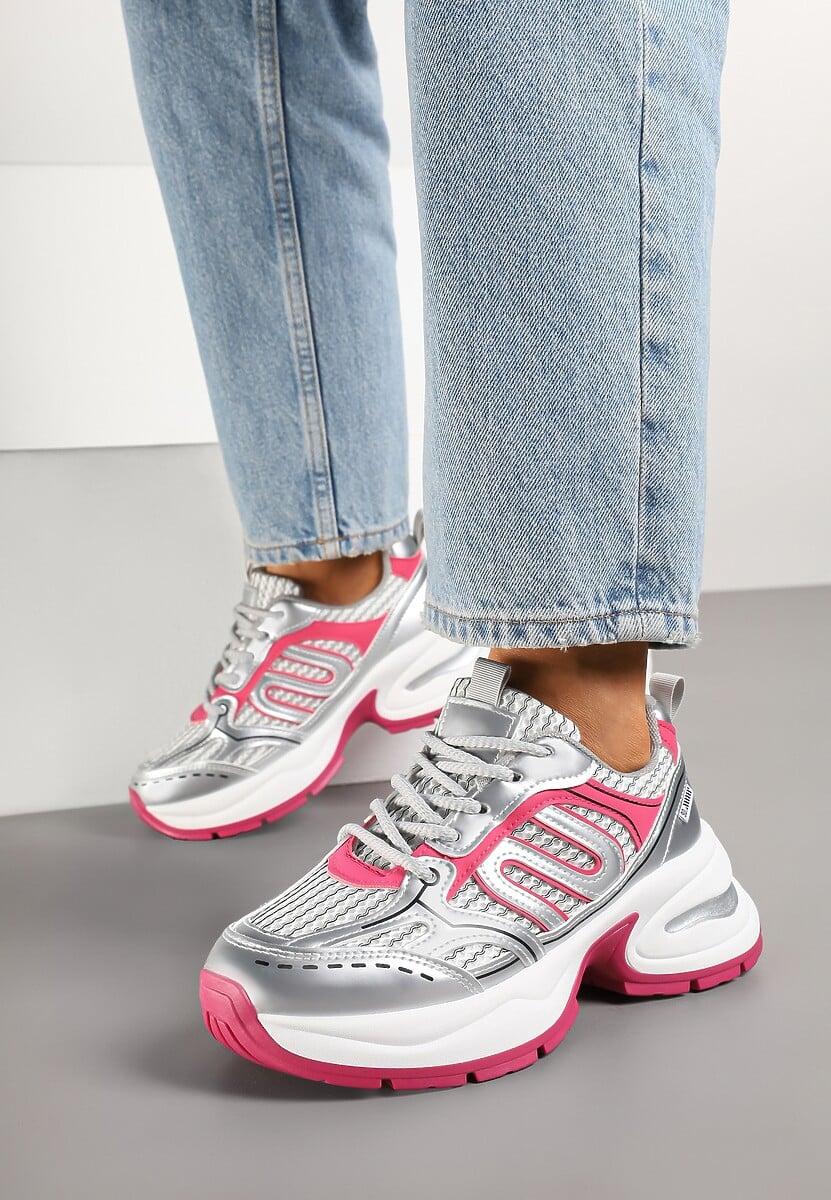 Srebrno-Różowe Sneakersy na Platformie Ozdobionej Tłoczeniem z Geometrycznym Motywem Arivira 1