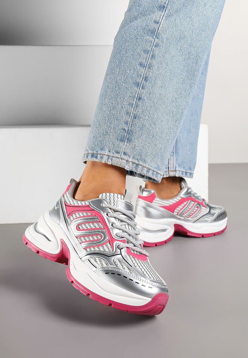 Srebrno-Różowe Sneakersy na Platformie Ozdobionej Tłoczeniem z Geometrycznym Motywem Arivira 2