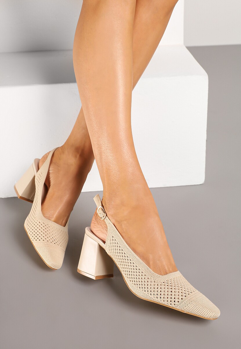 Beżowe Sandały na Słupku Typu Slingback z Ażurową Cholewką Morivira 3