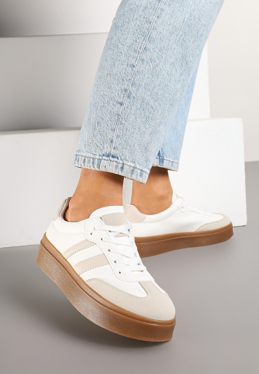 Beżowo-Białe Sneakersy Tenisówki Ozdobione Paskami Sovresia 1