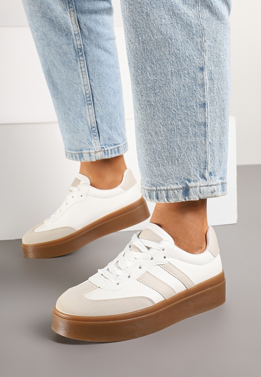 Beżowo-Białe Sneakersy Tenisówki Ozdobione Paskami Sovresia 2