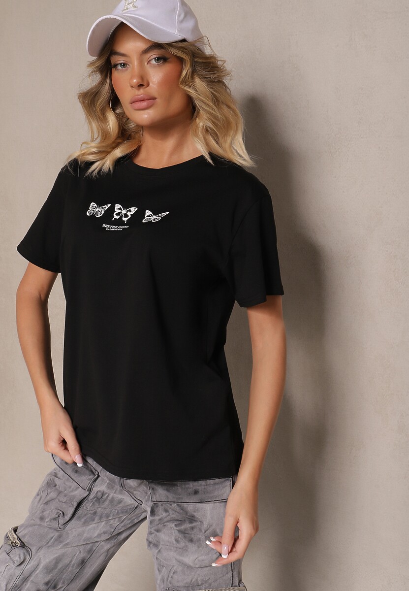 Czarna Bawełniana Bluzka T-shirt Oversize z Aplikacją w Kształcie Motyli Elmaris 1