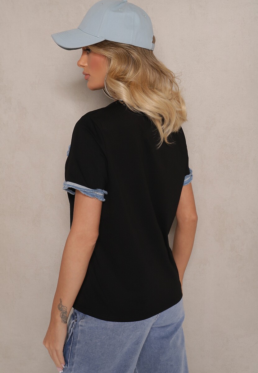 Czarna Bawełniana Bluzka T-shirt Oversize z Ozdobnym Wykończeniem Mirnil 3