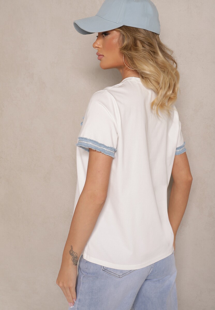 Biała Bawełniana Bluzka T-shirt Oversize z Ozdobnym Wykończeniem Mirnil 3
