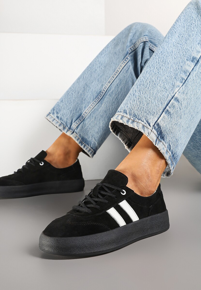 Czarne Sneakersy Klasyczne Tenisówki ze Skóry Naturalnej Alotia 2